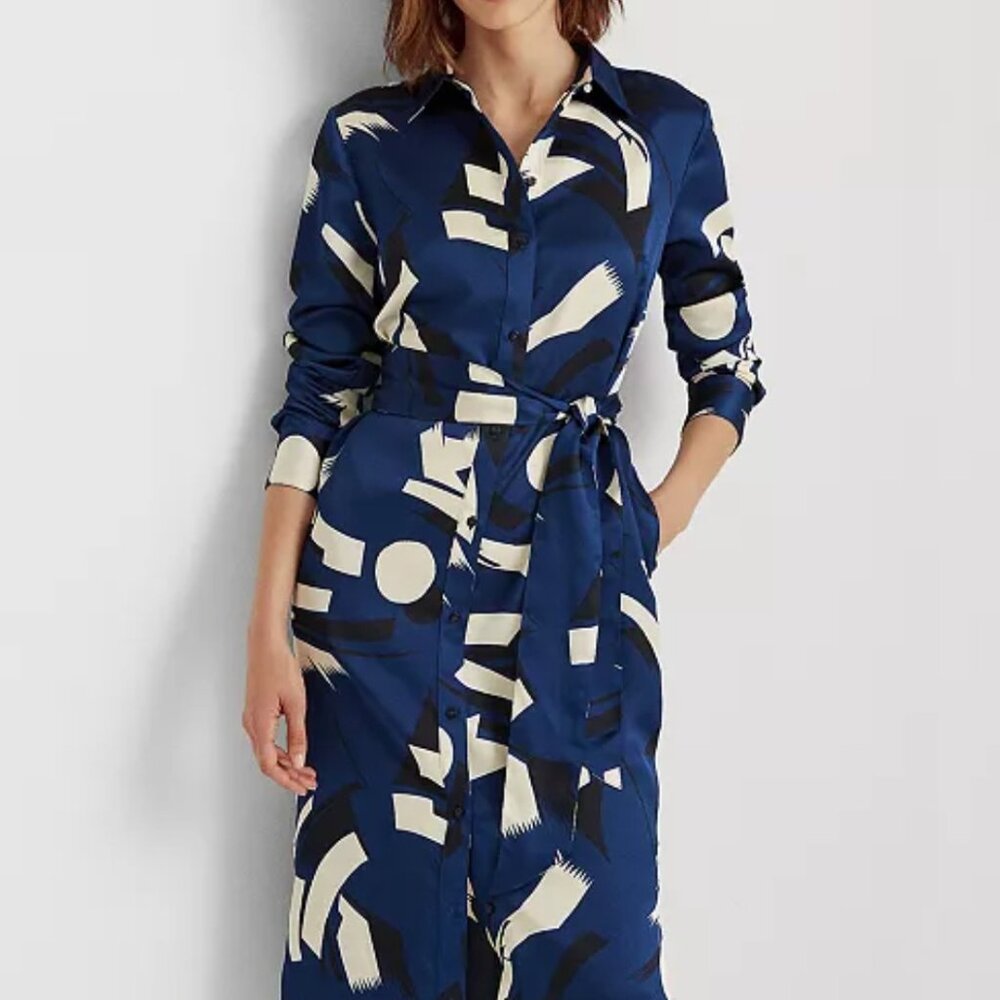 NWT Ralph Lauren Women's Geometric Print Charmeuse Shirtdress Blue Size 4